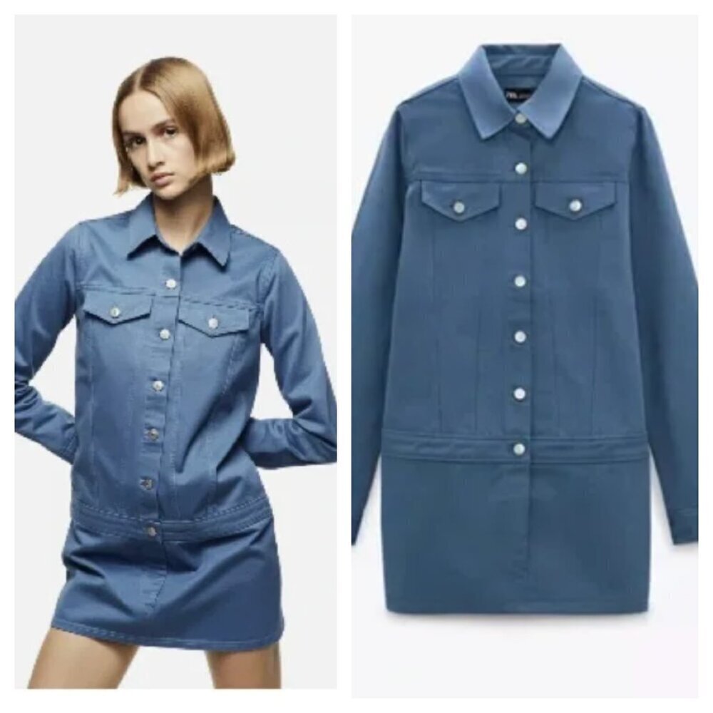 NEW Zara Long Sleeve Denim Mini Dress Button Front Cotton Blue Size S
